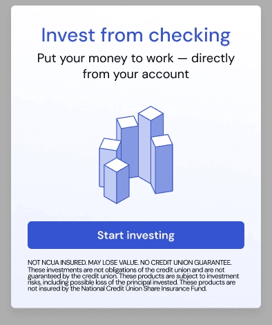Example State 1 tile: "Invest from checking" marketing copy with a "Start investing" button