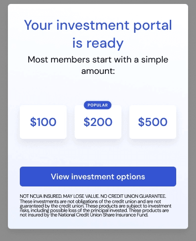 Example State 3 tile: "Your investment portal is ready" with suggested funding amounts and a "View investment options" button