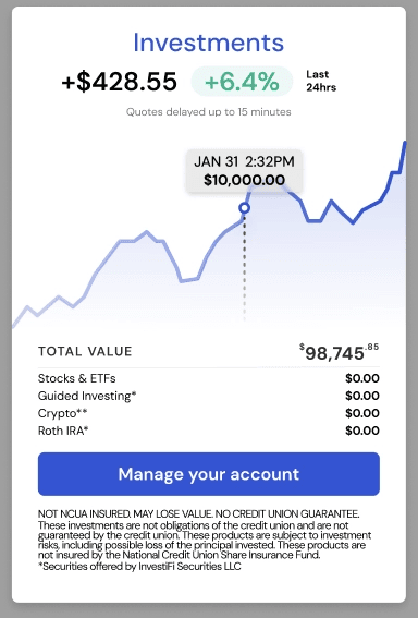 Example State 4 tile showing a gain: headline change with percent badge, portfolio chart, total value, and per-product rows